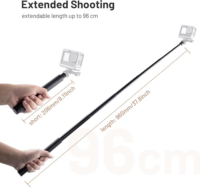 PGYTECH Extendable Selfie Stick (96cm/37.8inch) Aluminum Long Pole Invisible for Insta360 X4/X3, Extension Monopod for GoPro 13/12/11/10 DJI OSMO Pocket 3/2 Action 4/3, AKASO Action Camera Accessories
