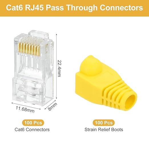 MECCANIXITY 100pcs Cat6 RJ45 Pass Through Connectors, RJ45 Connector 8P8C Gold Plated Plugs with 100pcs Yellow Strain Relief Boots for Solid or Stranded UTP Ethernet Cable, 1.1mm