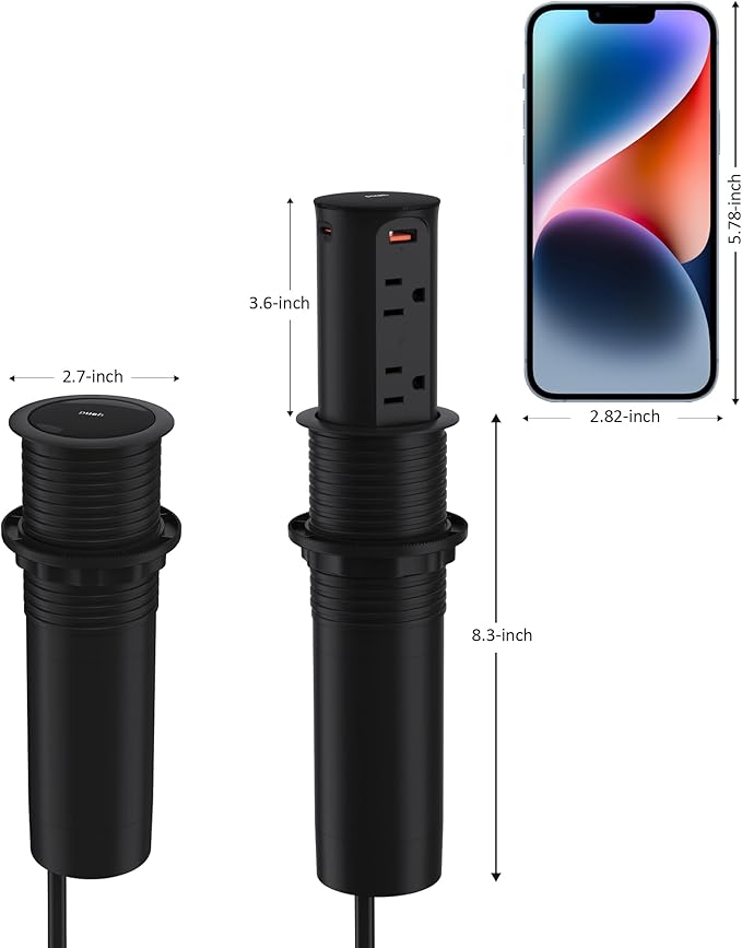 Pop up Outlet for Countertop,2.5 Inch Hole Desktop Power Grommet,Recessed Power Strip,20W USB C Fast Charging,4 Outlets 4 USB Ports,15Amp Tamper Resistant Receptacle for Home,Kitchen,Office Black
