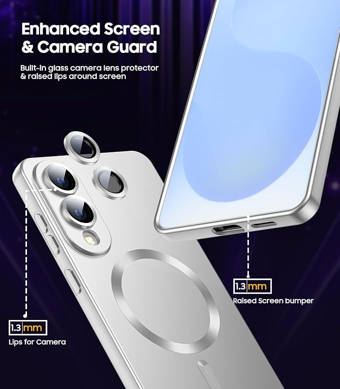 Magnetic for Samsung Galaxy S25 Edge Case [Compatible with MagSafe][Built-in Camera Lens Protector] Slim Soft Silicone Bumper Shockproof Metallic Luster Phone Case (Silver)