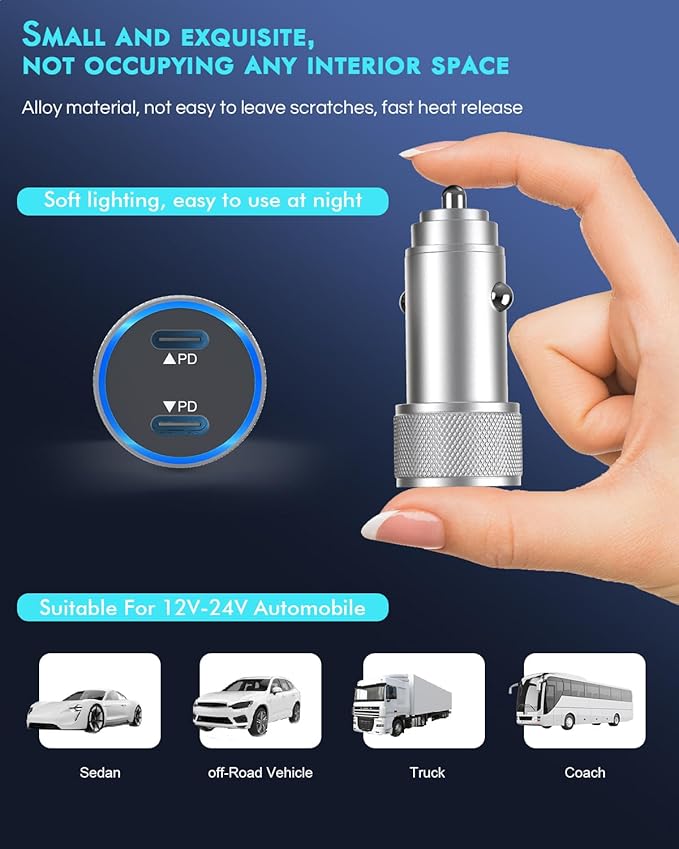 iPhone 16 Car Charger,2Pack Dual Port USB C Fast Car Charger Type C Rapid Charging Adapter with 2Pack USB C to C Nylon Braid Cable Woven Cord Fast Charging for iPhone 16/16 Pro/15/15 Pro Max/iPad