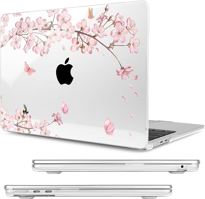 Compatible with MacBook Air 13.6 inch Case, M4 A3240/M3 A3113/M2 A2681 (Released 2025 to 2022), Hard Shell, Keyboard Cover, Screen Protector, Webcam Cover & Type-C Adapter, Butterflies Sakura