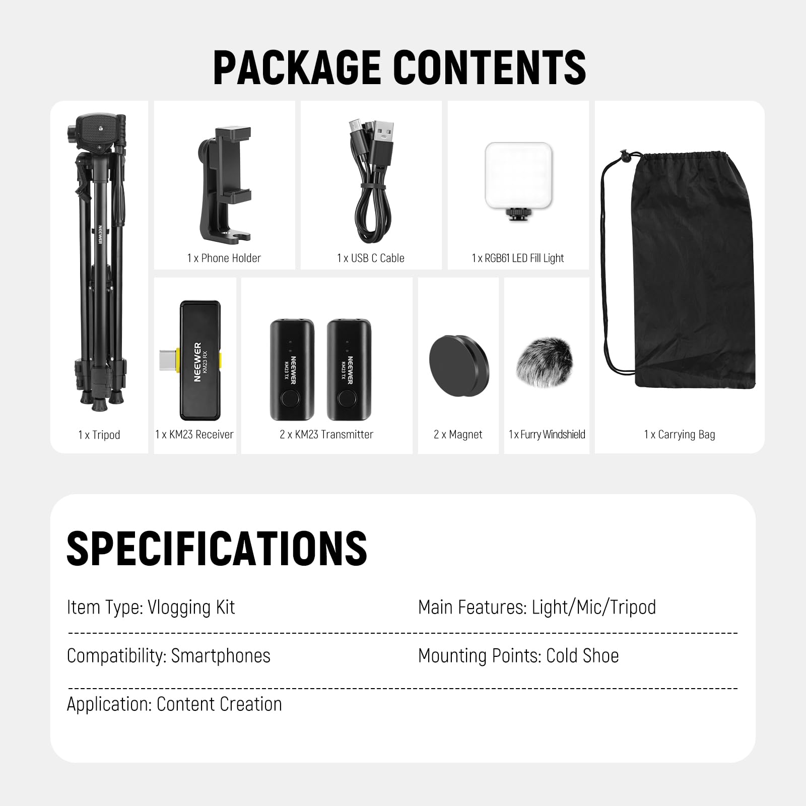 NEEWER Basics PA056 Vlogging Kit for iPhone Android Phone for YouTube TikTok Streaming Filmmaking Video Recording, Tripod + Microphone + LED Fill Light, Youtuber Starter Content Creator Essentials