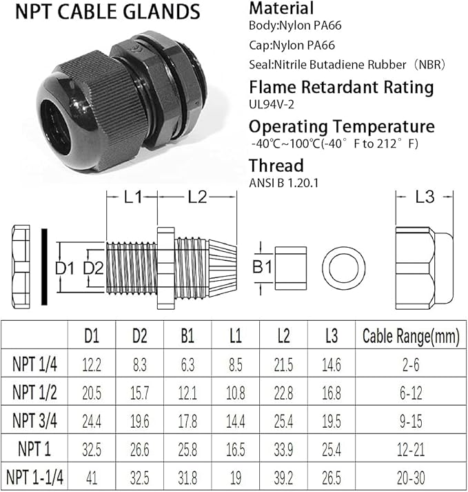 PENGLIN Cable Glands 1/2" NPT Nylon Cable Connector, Strain Relief Cord Connector, IP68 Waterproof Adjustable Locknut(1/2 Inch (10-Pack))