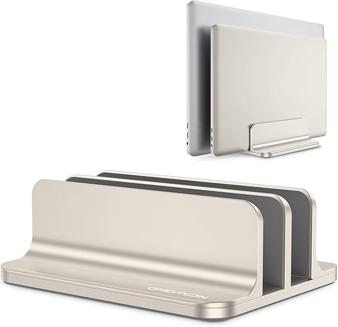 OMOTON [Updated Dock Version Vertical Laptop Stand, Double Desktop Stand Holder with Adjustable Dock (Up to 17.3 inch), Fits All MacBook/Surface/Samsung/HP/Dell/Chrome Book (Starlight)