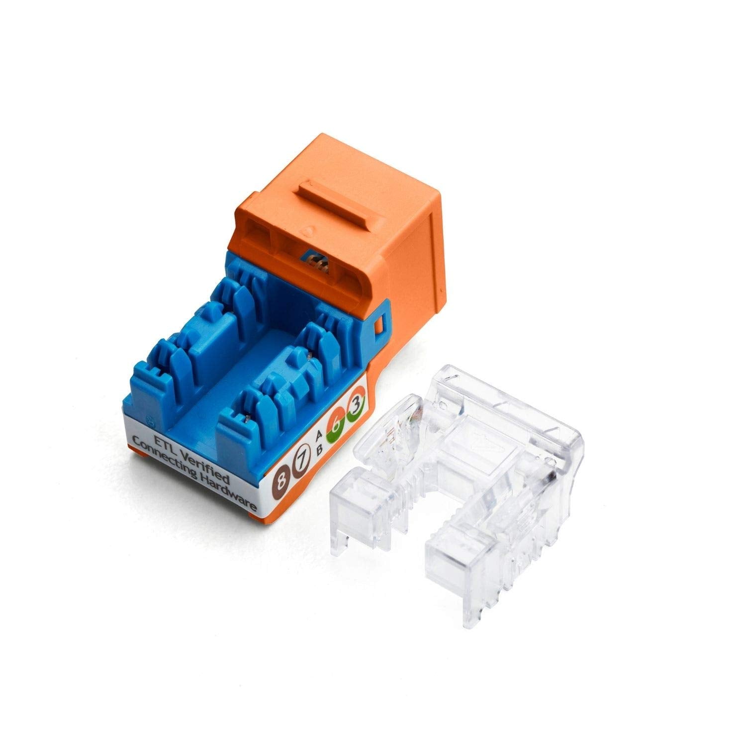 TRUE CABLE Cat5e Keystone Jack, Unshielded (UTP), 90 Degree Punch-Down, PoE++ (4PPoE) 100W, UL Listed, ETL Verified, ANSI/TIA Certified, Modular RJ45 Female, Orange, 24 Pack