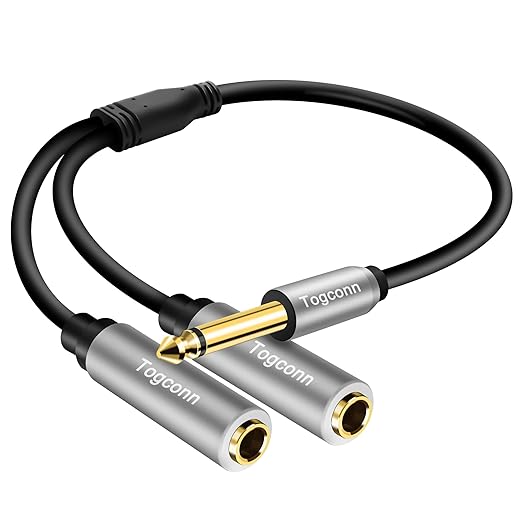 1/4 inch TS Mono Splitter Y Adapter, 6.35mm Mono Male to Dual 6.35 mm TS Mono Female Jack, Quarter inch Audio Speaker Splitter Converter Cable 1 Feet, Gold Plated Connectors