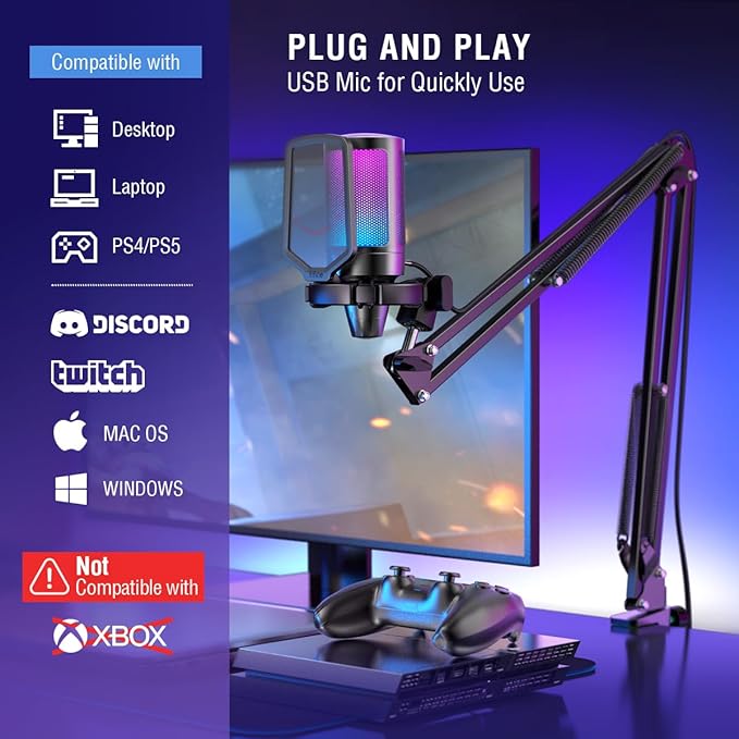FIFINE Gaming PC USB Microphone, Podcast Condenser Mic with Boom Arm, Pop Filter, Mute Button for Streaming, Twitch, Online Chat, RGB Computer Mic for PS4/5 PC Gamer Youtuber-AmpliGame A6T