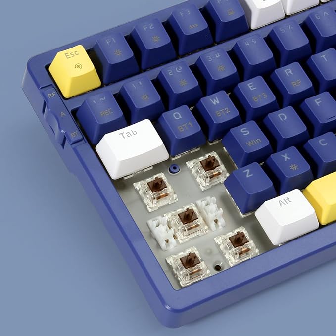 Wireless Mechanical Keyboard, Triple Mode 2.4G/USB-C/BT Gaming Keyboards 100 Keys Ice-Blue Backlit, Brown Switch Keyboard | Rechargeable Mechanical Gaming Keyboards | Blue/White/Yellow