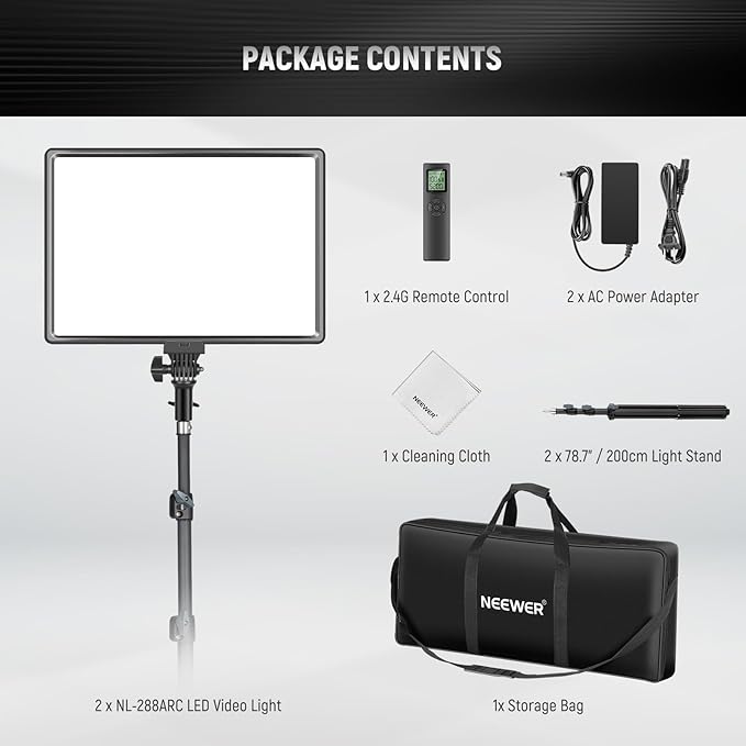 NEEWER 18" LED Video Light Panel Photography Lighting Kit with Tripod Stand Remote Cleaning Cloth, 2 Pack 45W Dimmable Bi Color Soft Studio Key Light 3200K-5600K CRI97+ 4800Lux for Streaming Recording