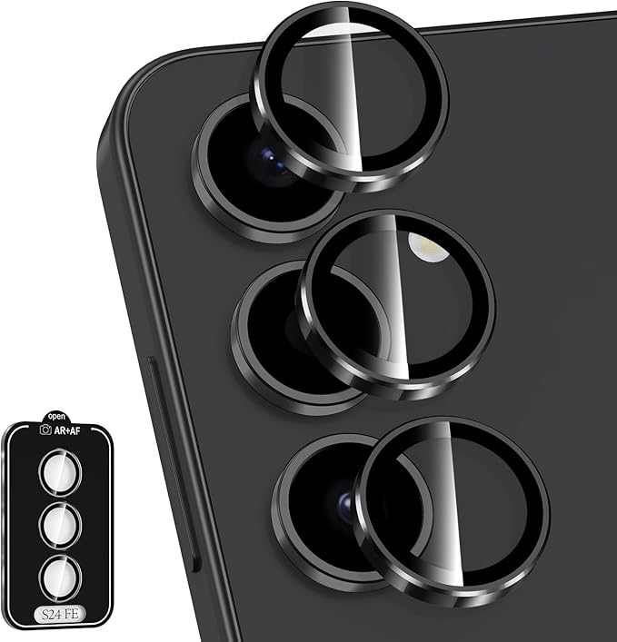 for Samsung Galaxy S24 FE Camera Lens Protector, Individual Metal Ring Tempered Glass Lens Cover, [Strong Adsorption] Scratch Resistant Ultra-Thin HD Clear Lens Cover, 1 Set-Black Ring