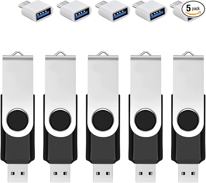 5 Pack 32GB USB Flash Drive with Type C Adapter and Storage Box USB 2.0 High Speed Metal Pen Drive 360° Rotatable Storage Memory Stick for Phone/Pad/PC/Laptop/Android - Black(5-Pack 32GB)