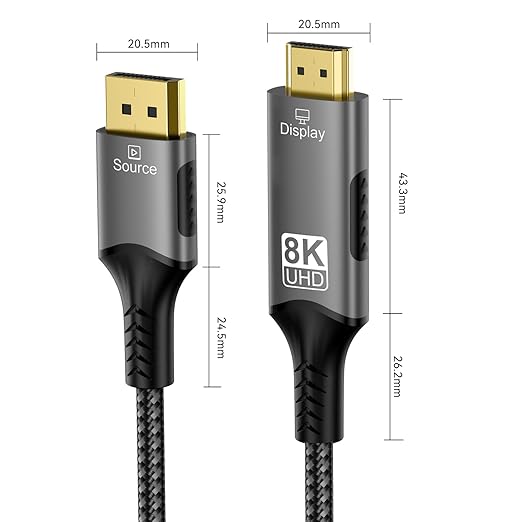 FDBRO 8K DisplayPort to HDMI Cable Active 8K@60Hz 4K@120Hz 32.4Gbps, Uni-Directional, DP 1.4 to HDMI 2.1 Cord Support HDR/HDCP 2.2/DSC 1.2 for Gaming Monitor, TV, PC (Gray & Black, 2M (6.6FT))