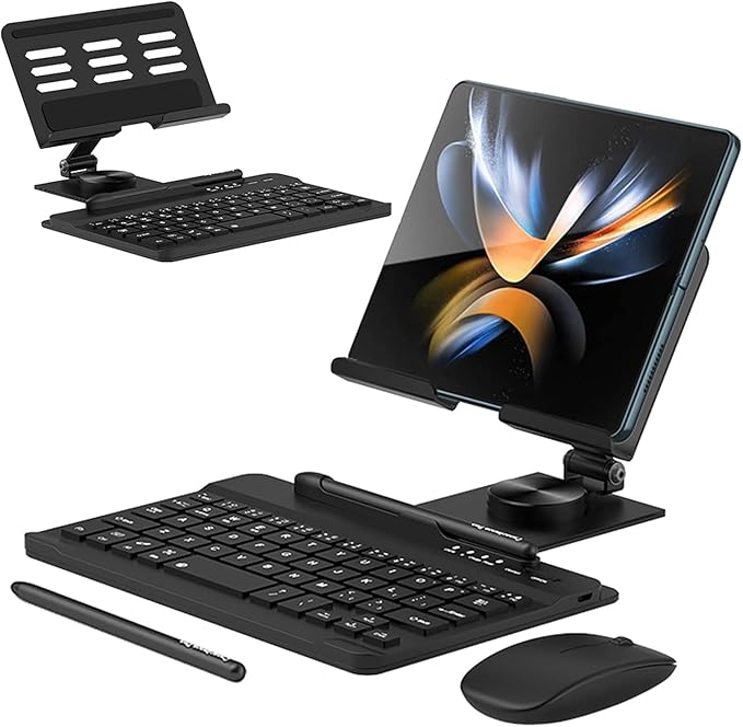 for Samsung Galaxy Z Fold 7 6 5 4 All Fold Smartphones Bluetooth Keyboard and Mouse Set, Portable Travel Keyboard Adjustable Foldable Aluminum Alloy Stand Holder with Pen for 4.7"-8.5" Mini Tablets