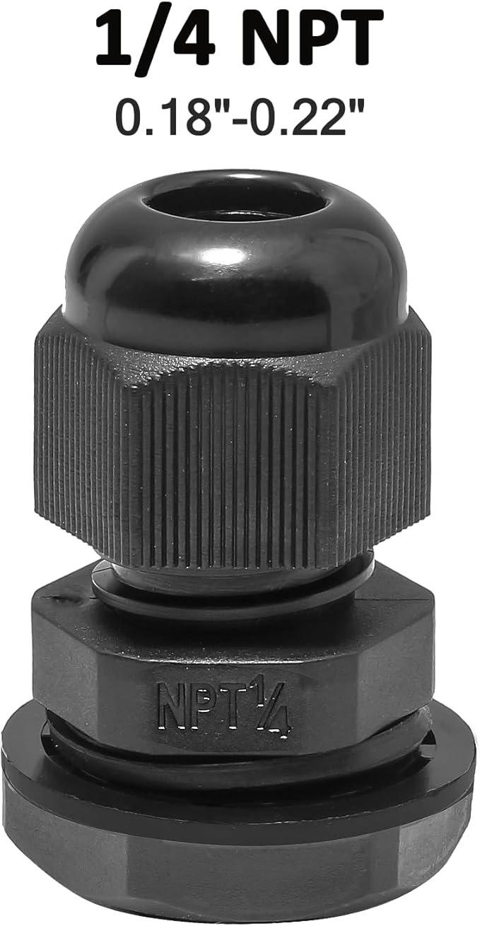 10 Pcs 1/4" NPT Nylon Cable Glands, IP68 Waterproof Adjustable Cord Grip Cable Connector Strain Relief Wire Protectors for 4-6mm Cable Diameter, Black