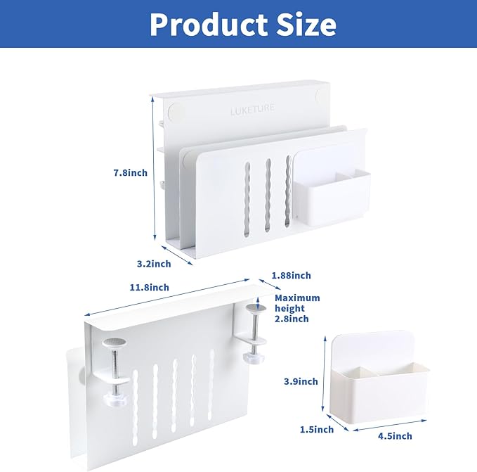 LUKETURE Laptop Holder, Steel Desk Side Storage, No Drill Standing Desk Accessories, Clamp on Laptop Mount with Pen Holder, Fits Flat Edge Tables 0.3" to 2.8" (White, L(2 Tier))