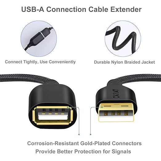 OKRAY USB Extension Cable 10FT, 2-Pack Nylon Braided USB 2.0 Extender Cord Type A Male to A Female Extension Cable with Gold-Plated Connector for USB Flash Drive/Hard Drive, Keyboard, Printer, Webcam