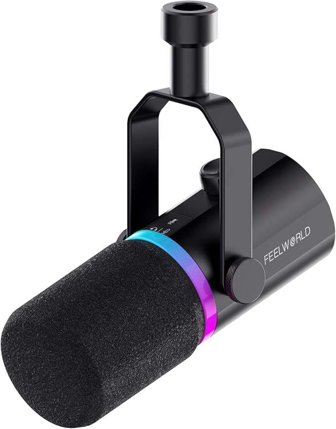 FEELWORLD PM1 XLR USB Dynamic Microphone Gifts for Podcast Recording PC Computer Gaming Live Streaming Vocal Voice-Over, Studio Metal Mic with Voice-Isolating, RGB Light, Mute Button, Headphones Jack