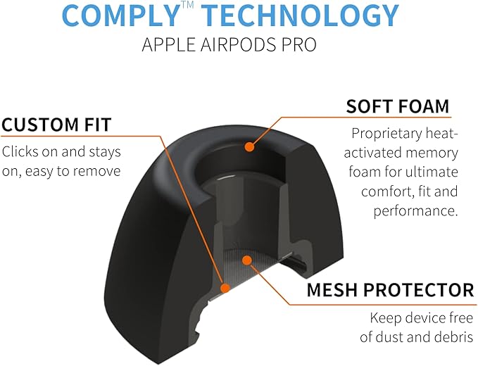 Comply Memory Foam Replacement Earbud Tips for Apple AirPods Pro 1 & 2 | Ultimate Comfort, Secure Fit, Superior Noise Isolation | Anti Slip, Prevent From Falling Out | Black, Medium (3 Pairs)