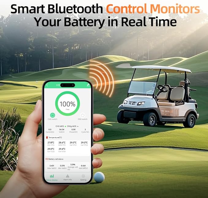 48V 100Ah Lithium Battery for Golf Cart with 15A Charger, Built-in Bluetooth 5.0 & 200A BMS,15000+ Deep Cycle LiFePO4 Battery with Low-Temp Protection for Golf Cart ﻿ Group 8D