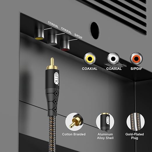 EMK RCA to RCA Subwoofer Cable – 24K Gold-Plated Connector Nylon Braided Double Shielded Audio Cable Digital&Analog Signal Support for Amplifiers Subwoofer Home Theater Hi-Fi Systems Black/30ft/10m
