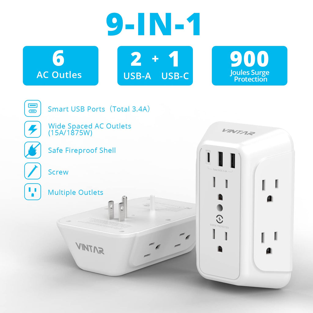 VINTAR 2 Pack Outlet Extender, 6 Outlets Wall Plug with 3 USB(1 USB C,3.4A)
