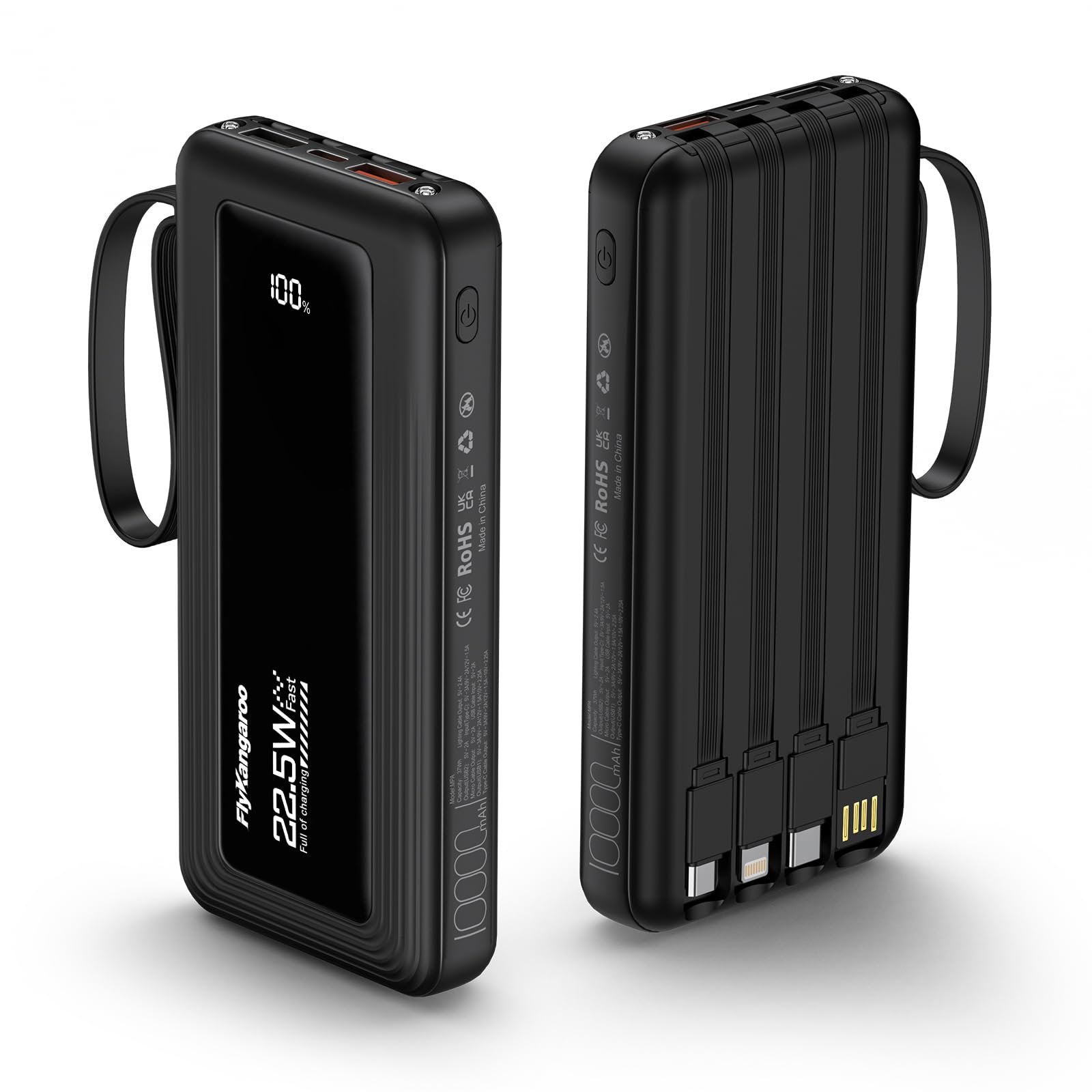 FlyKangaroo Portable Charger with Built in Cables, Slim 10000mAh Fast Charging 22.5W Power Bank USB C LED Display Battery Pack 6 Outputs & 2 Inputs for iPhone Samsung Pixel LG Moto iPad