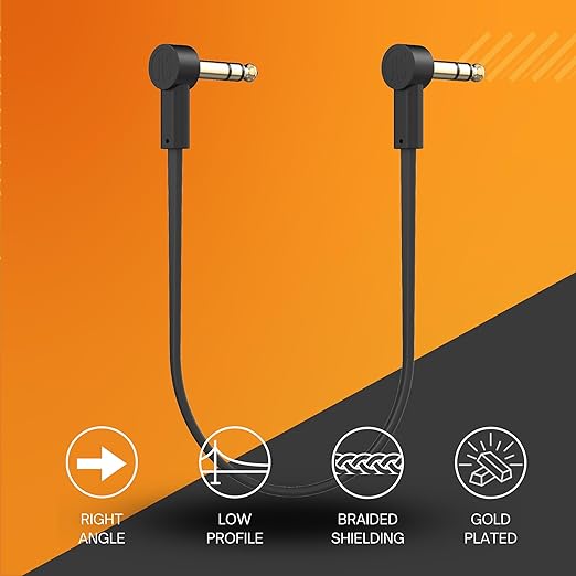 Rock Stock Stereo TRS Cable 1/4 Right Angle - 4" Ultra-Thin Flat TRS Patch Cable, Low Profile, Gold Plated, Braided Shielding, Maximize Pedalboard Space, Eliminate Noise, Connect Guitar Effects Pedals