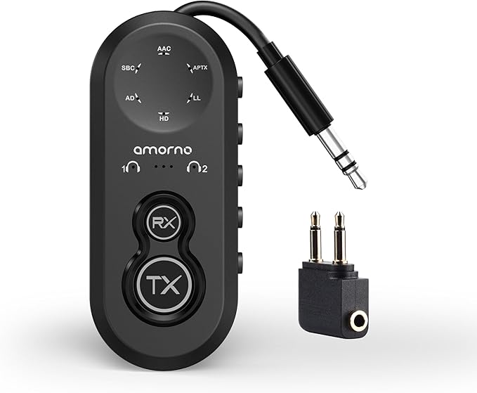 Bluetooth 5.4 Transmitter Receiver, 2 in One Airplane Audio Adapter with Low Latency, Dual Mode Connection for 2 Devices, Wireless Transmitter Adapter for Flight Travel/TV/Car/Gym/Home Stereo
