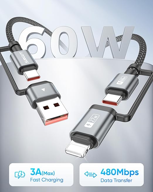 SUNGUY 4 in 1 Charging Cable 3FT [2 Pack], 60W Multi Charging Cable, USB-C/A to Lighting/C Cord for iPhone 16/15/14 Pro/iPad/MacBook/Samsung Galaxy S25/S24/Tablets