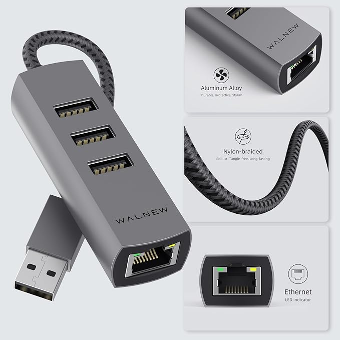 USB-C to Ethernet Adapter, WALNEW USBC to RJ45 LAN Adapter, Gigabit Cat Network Cable Converter to Type C Thunderbolt 3 for Mac,MacBook Pro/Air,Samsung Galaxy Tab (Ehternet+USB-A Port, USB-A)