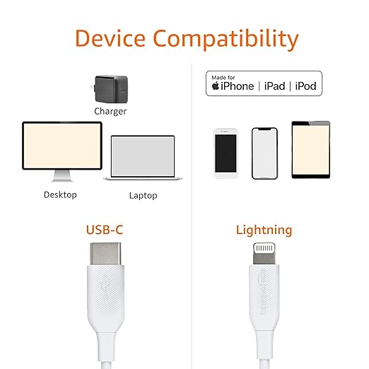 Amazon Basics USB - C to Lightning ABS Charger Cable, MFi Certified Charger for Apple iPhone 14 13 12 11 X Xs Pro, Pro Max, Plus, iPad, 6 foot, White
