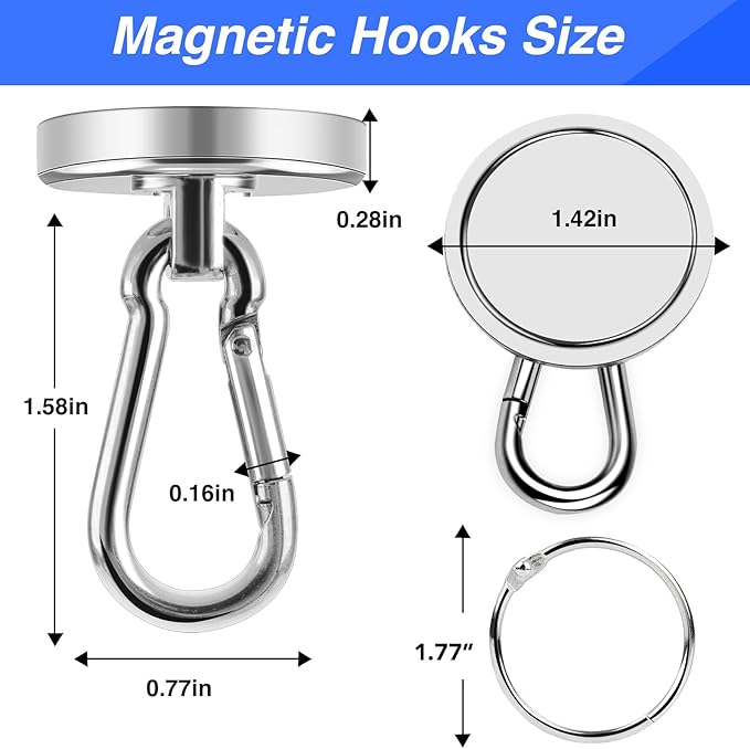 LOVIMAG Magnetic Hooks Heavy Duty, 150LBS Super Strong Magnet Hooks Magnetic Hook Cruise, Neodymium Magnets with Swivel Carabiner Hook for Hanging, Kitchen, Cruise Cabins, Grill, Tool Room-6 Pack