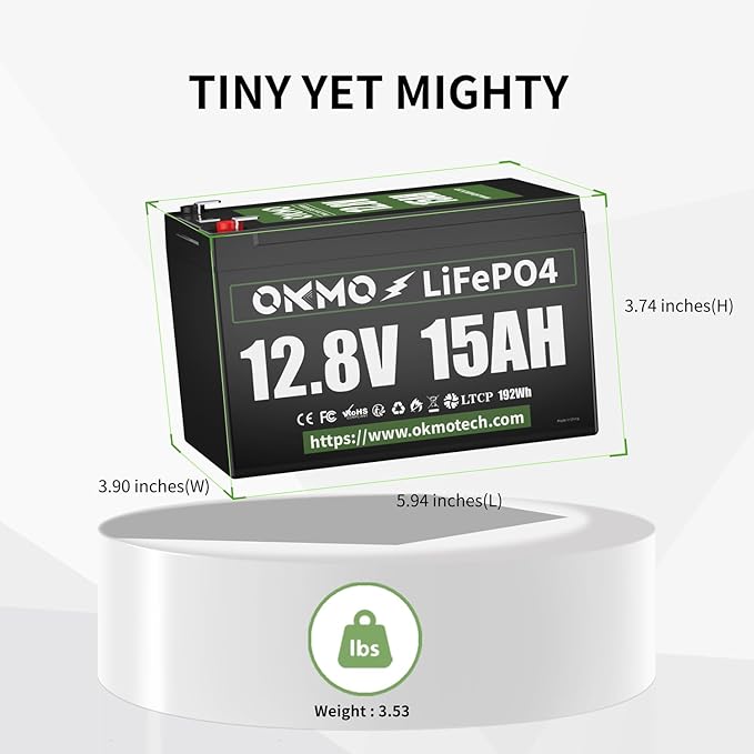 OKMO 12V 15Ah LiFePO4 Lithium Battery 12.8V, 4000+ Deep Cycles rechargeable Battery, for UPS, Kayak Fish Finder, Solar Panel, Power Wheels Toys, Scooter, Radio