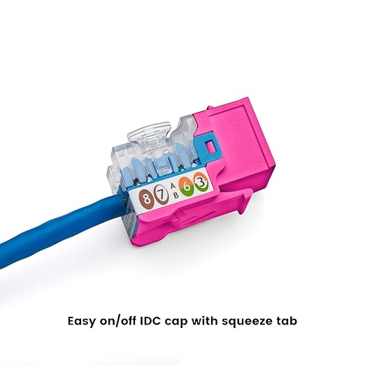 trueCABLE Cat5e Keystone Jack, Unshielded (UTP), 90 Degree Punch-Down, PoE++ (4PPoE) 100W,UL Listed, ETL Verified, ANSI/TIA Certified, Modular RJ45 Female, Pink, 48 Pack