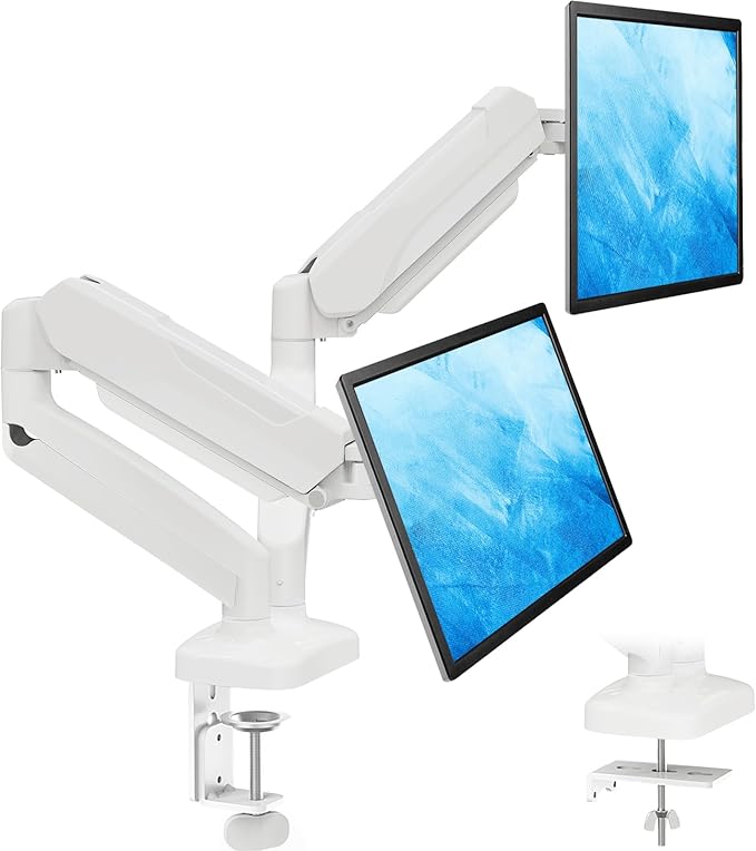 MOUNTUP Dual Monitor Stand for Desk, Pneumatic Monitor Arms for 2 Monitors Max 32 Inches, Height Adjustable Double Monitor Mount, VESA Mounts with C-Clamp & Grommet Base, Holds 4.4-17.6lbs, White
