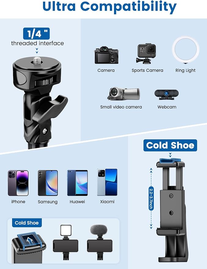 Phone Tripod, 72" Camera Stand Tripod with Remote and Phone Holder, Stable & Adjustable Tall, Suit for iPhone/Digital Camera