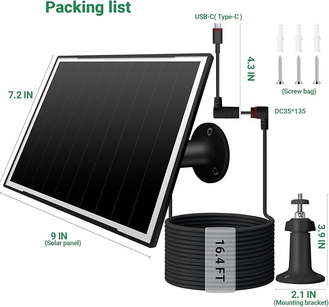 Solar Panel for Ring Camera, 8W High - Efficiency Solar Charger, Compatible with Stick Up Cam & Spotlight Cam (Battery) - Waterproof, 16ft Long Cable, USB-C & DC5V Ports, Sleek Black Finish