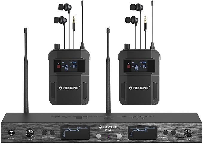 Phenyx Pro UHF Mono Dual Wireless in-Ear Monitor System, Metal Wireless IEM System, Sturdy Bodypack Receiver, 2x50 Frequencies, Separate Outputs,164ft Operation, Suitable for Band and Studio (PTM-22)