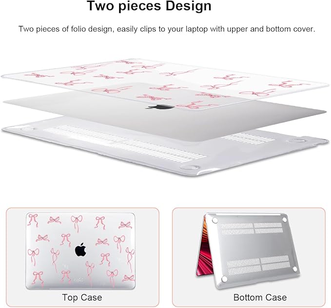 Compatible with 2021 2020 2019 2018 MacBook Air 13 inch Case M1 A2337 A2179 A1932 with Touch ID, Crystal Clear Pattern Plastic Hard Shell Case for MacBook Air 13 M1 2021, Pink Bowknot