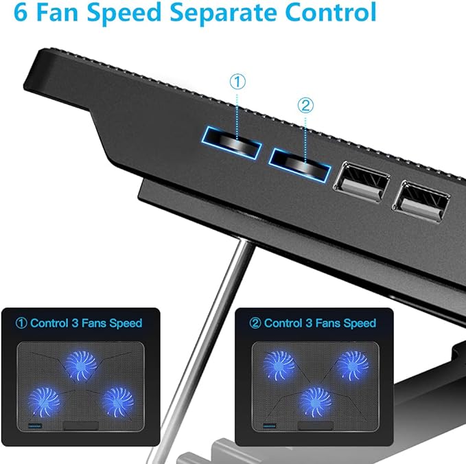 LIANGSTAR Laptop Cooling Pad, Laptop Cooler with 6 Quiet Fans for 12-17 Inch Notebook Gaming Fan Stable Stand, 7 Height & Wind Speed Adjustable, 2 USB Port & Phone Holder (Black)