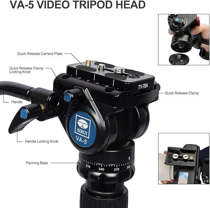 SIRUI Aluminum Camera Tripod Monopod with VA-5 Fluid Pan Head, 62.6″Heavy Duty Tripod Kit for DSRL, Binocular, Spotting Scope, Quick Release Plate, 1/4" 3/8" Screws, Payload 6.6lbs -Traveler VA