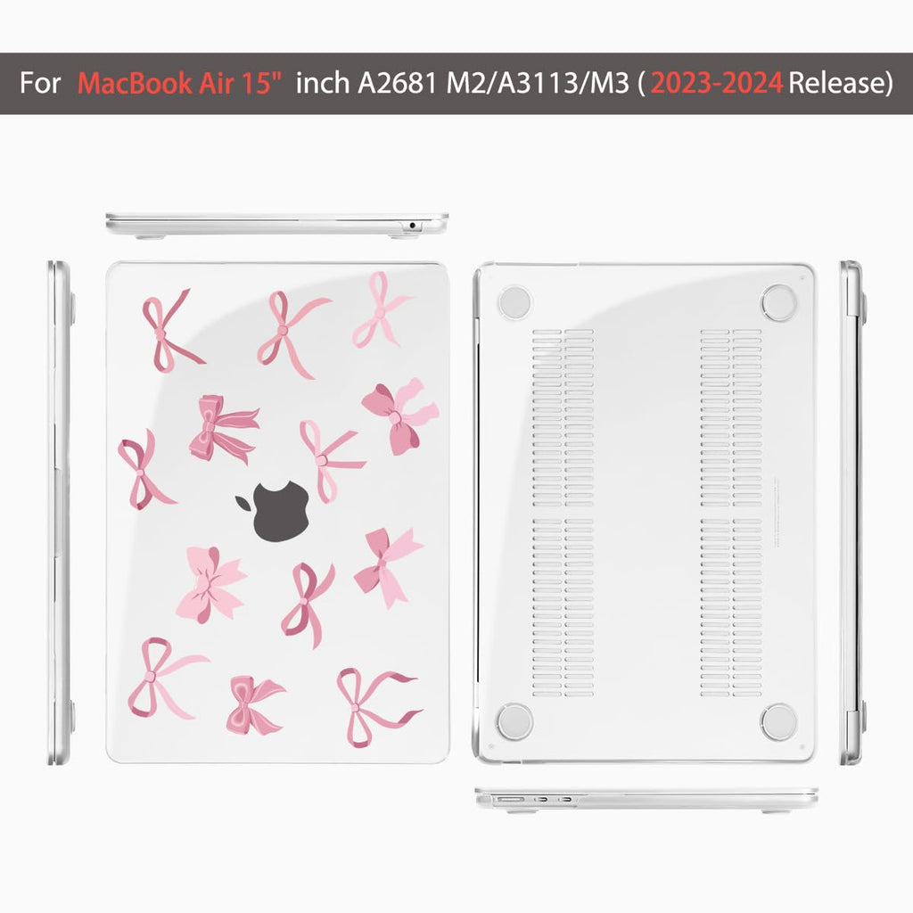 Teryeefi for M4 M3 M2 MacBook Air 15 inch Case 2025 2024 2023 Release fits Model A3241 A3114 A2941, Design Hard Shell Cover & Keyboard Cover & Screen Protector & OTG Adapter - Cute Pink Bows