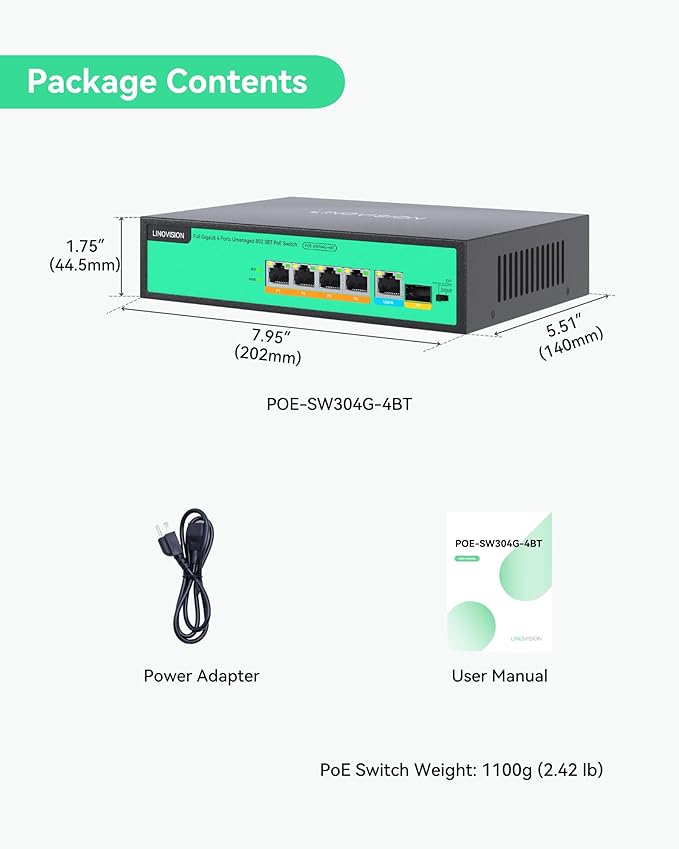 LINOVISION 4 Ports Full Gigabit PoE++ Switch, Built-in 96W Power, All 4 Ports Support BT 90W, Sufficient Power for All IEEE 802.3 af/at/bt PoE Devices, Including PTZ Cameras, AP and PoE Light