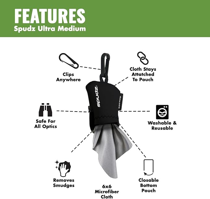 SPUDZ Ultra Microfiber Lens Cleaner – Closable Pouch, Clip-On, Washable – for Optics, Scopes, Glasses | Eagle, 6 x 6 Inch