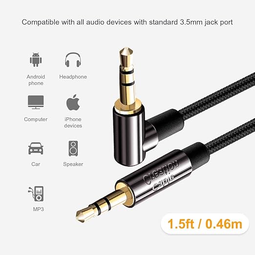 CableCreation 3.5mm Audio Cable, [2-Pack 1.5FT] Right Angle Male to Male Auxiliary Cable with Silver-Plating Copper Core Compatible with Beats, Car, iPhones, Tablets, PS4, 24K Gold Plated, Black