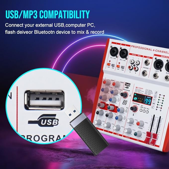 mw-4 white 4Channel Audio Mixer with 99 Sound Effects for PC,Portable Sound Mixing Console with BT USB Recording Input for Live Streaming,Podcasting