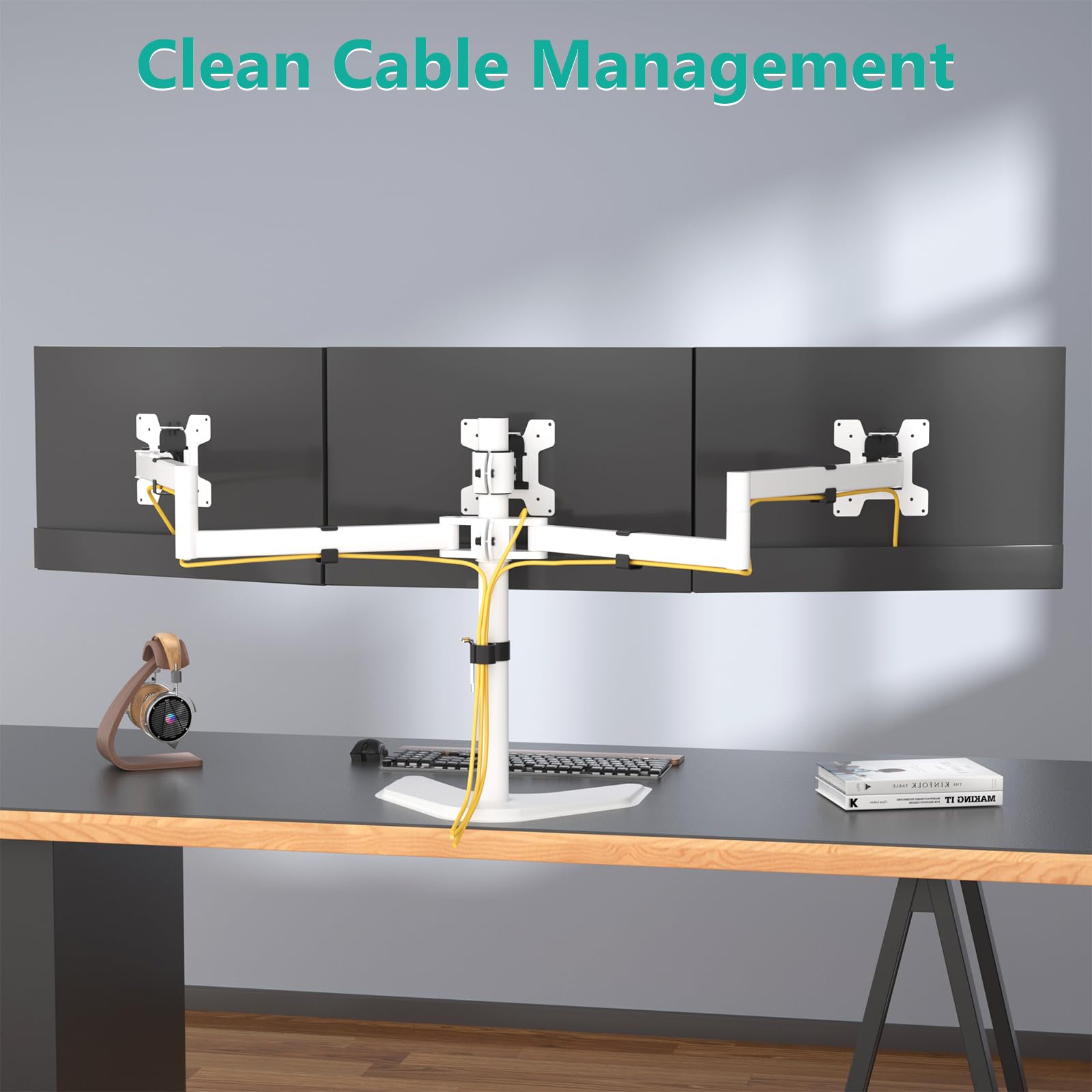 WALI Triple Monitor Stand, Free Standing Three LCD Monitor Fully Adjustable Desk Mount Fits 3 Screens up to 27 inch, 22 lbs Weight Capacity per Arm (MF003-W), White