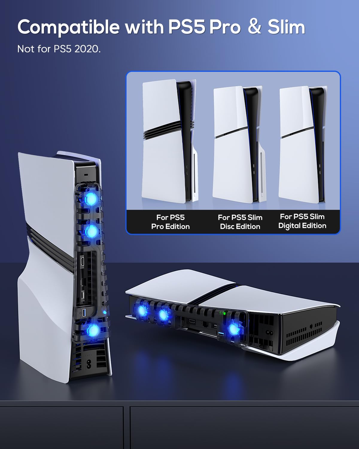 PS5 Pro/Slim Auto Cooling Fan with USB 3.0 Port, Adjustable 3 Speed, LED Light, Memory Function, Quiet and Efficient Cooling System