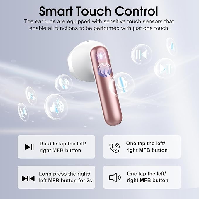 Wireless Earbuds, Bluetooth 5.4 Headphones with 3D Bass Stereo, 40H Ultralight in-Ear Buds, Bluetooth Earbuds with 4 ENC Noise Cancelling Mic, USB-C, IP7 Waterproof Earphones for Android iOS, Rose